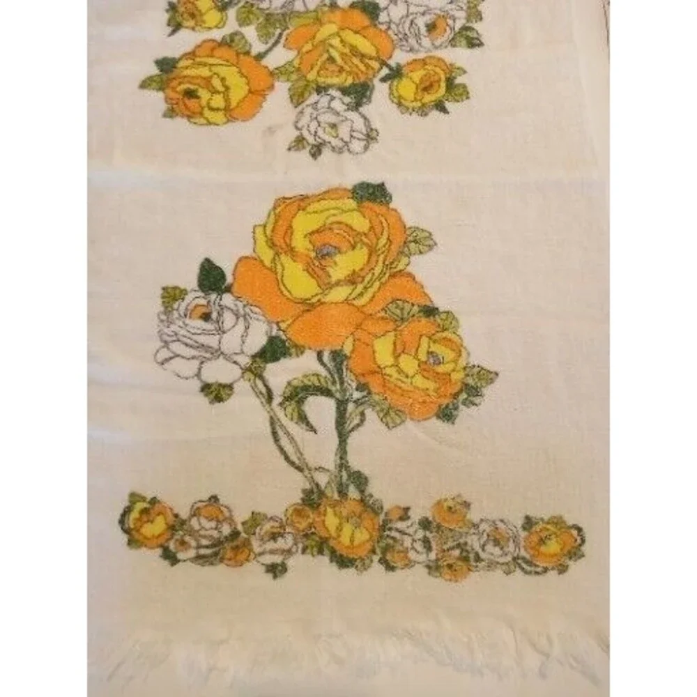 2 Vintage Bath Towels Orange Yellow Floral 60s 70s Cone‎ Made in USA